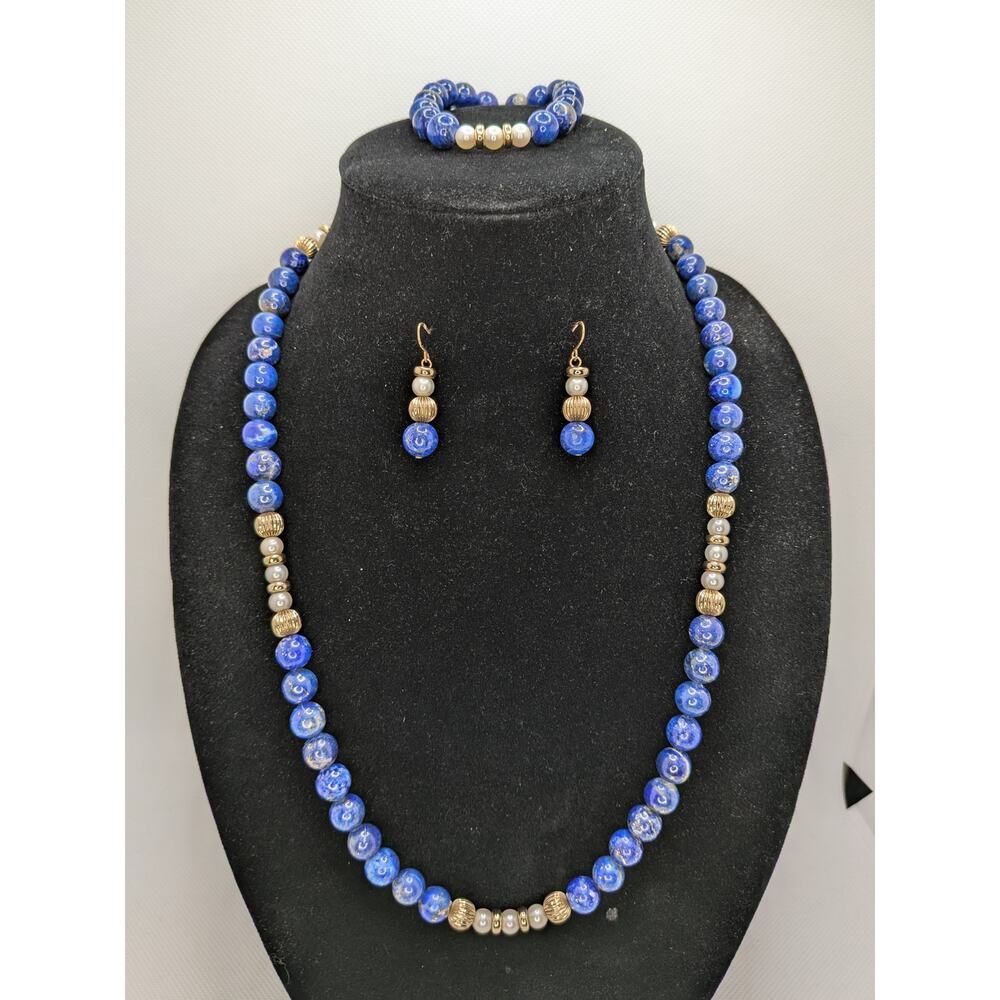 Blue Lapis Vintage Necklace Bracelet and Earring Suite with Gold Beads & Pearls - Picture 2 of 7